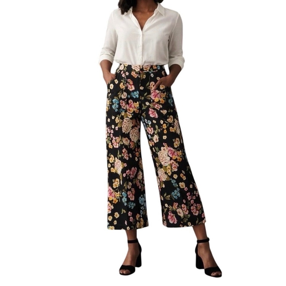 Maeve by Anthropologie The Colette Cropped Wide Leg Pants Black Floral Size 25